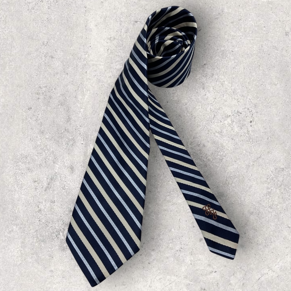 HICKEY FREEMAN Navy/Blue/Beige Striped Silk LUXURY Tie USA